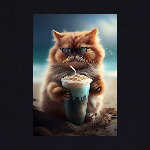 Cute Cat Drinks Coffee at the beach by Ovation4U